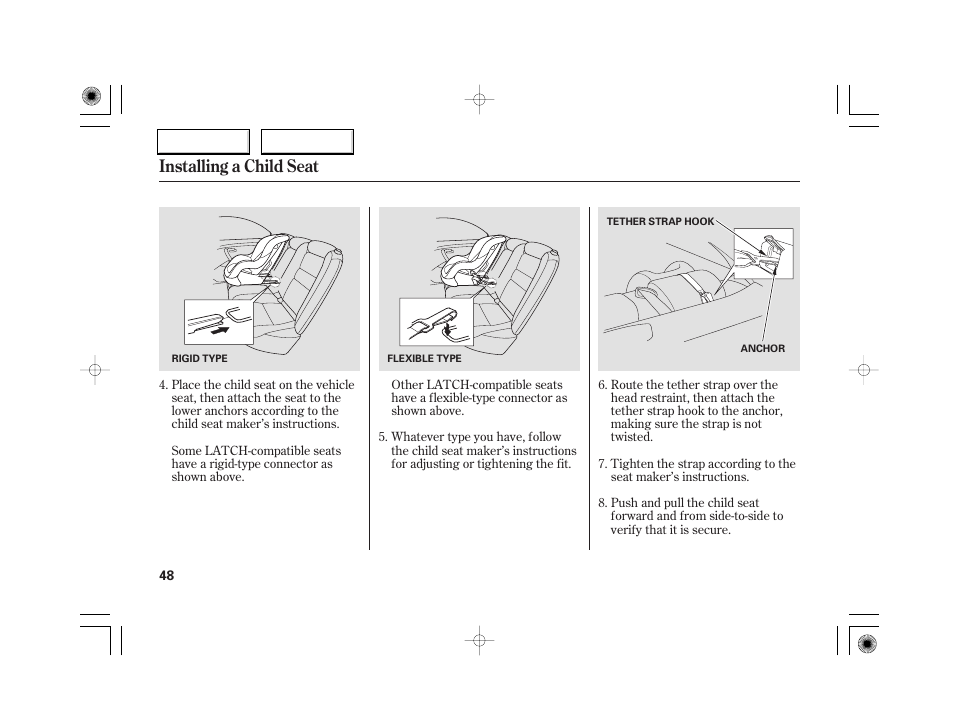 Installing a child seat | Acura 2007 RL - Owner's Manual User Manual | Page 50 / 491
