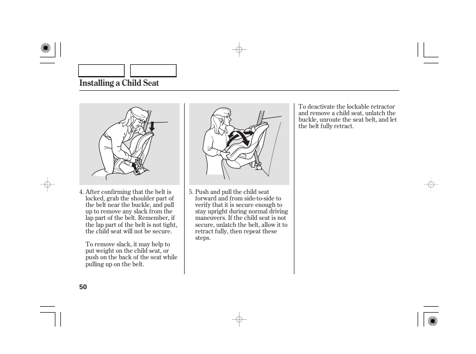 Installing a child seat | Acura 2007 RL - Owner's Manual User Manual | Page 52 / 491
