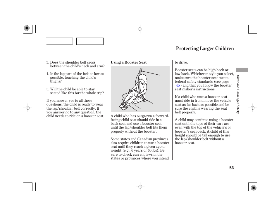Protecting larger children | Acura 2007 RL - Owner's Manual User Manual | Page 55 / 491