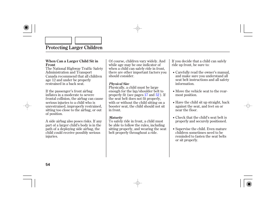 Protecting larger children | Acura 2007 RL - Owner's Manual User Manual | Page 56 / 491