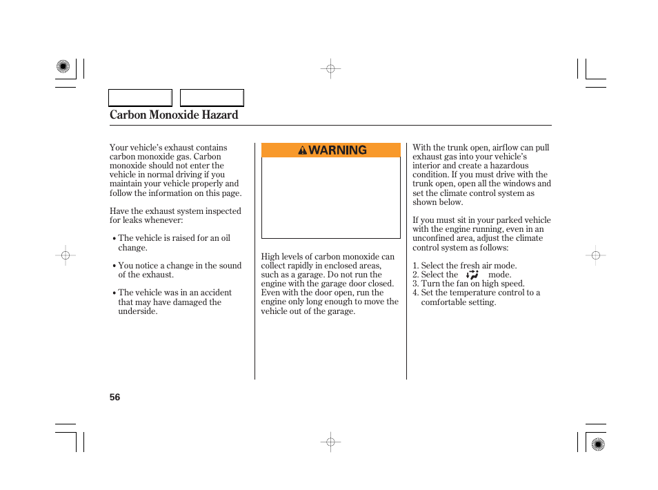 Carbon monoxide hazard | Acura 2007 RL - Owner's Manual User Manual | Page 58 / 491