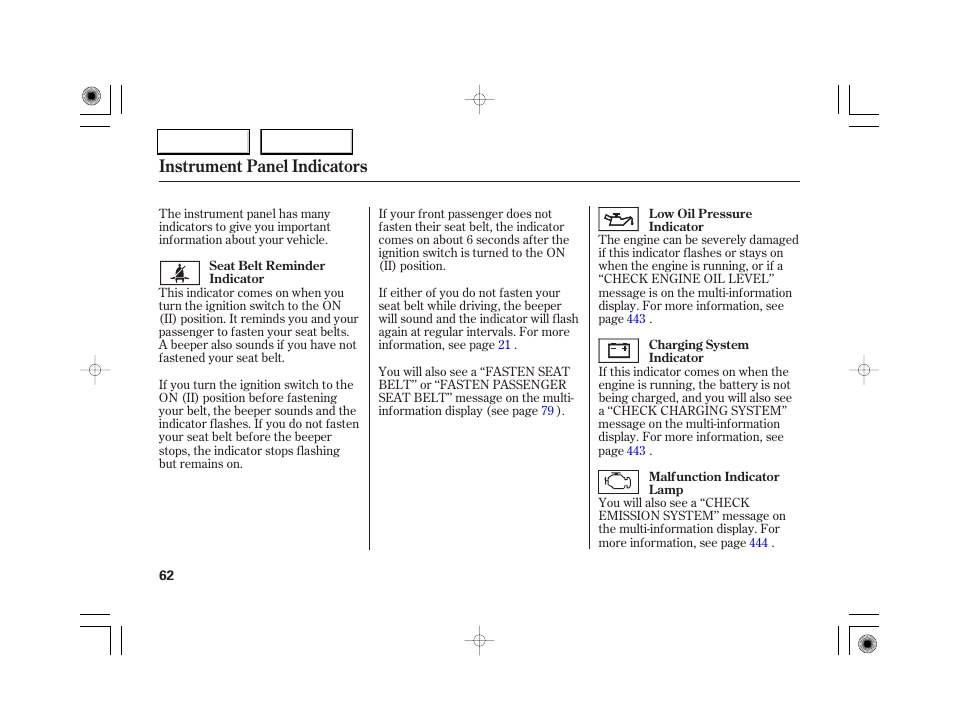 Instrument panel indicators | Acura 2007 RL - Owner's Manual User Manual | Page 64 / 491