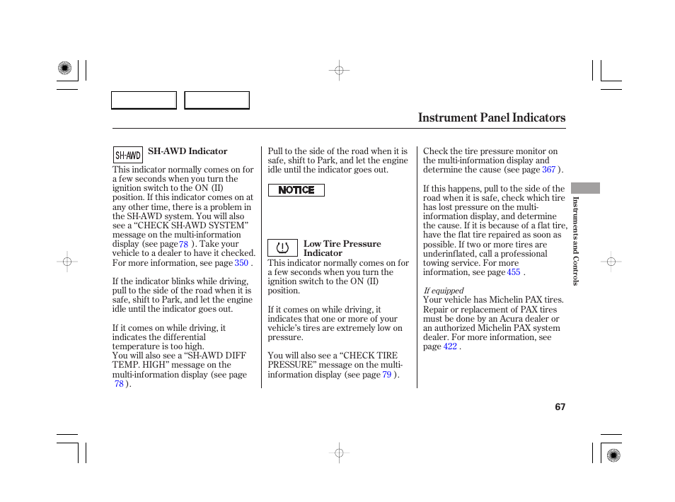Instrument panel indicators | Acura 2007 RL - Owner's Manual User Manual | Page 69 / 491