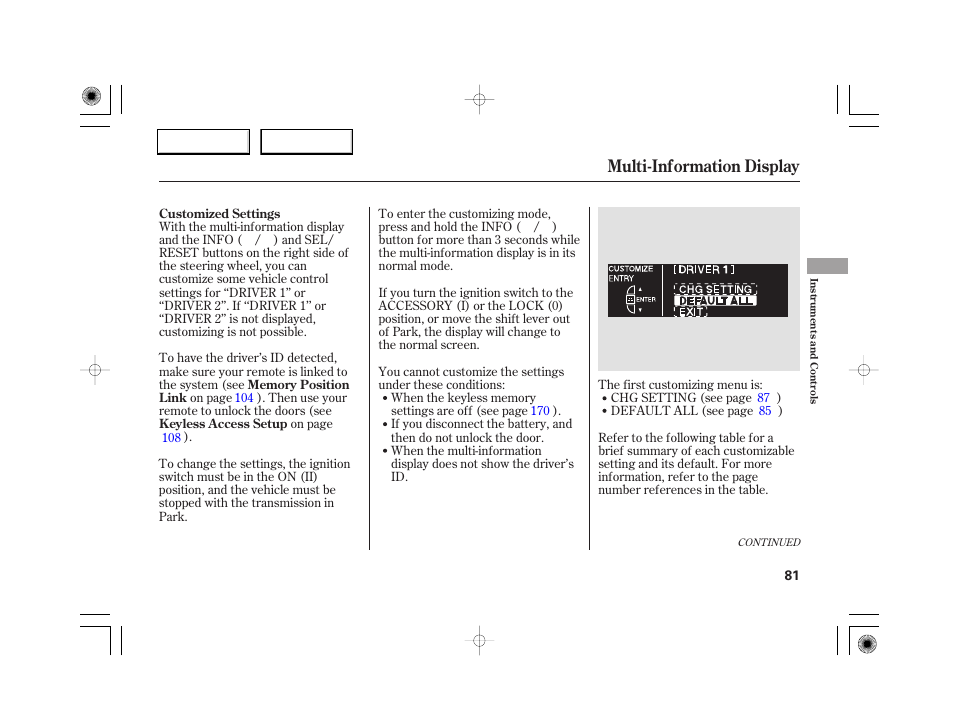 Multi-information display | Acura 2007 RL - Owner's Manual User Manual | Page 83 / 491