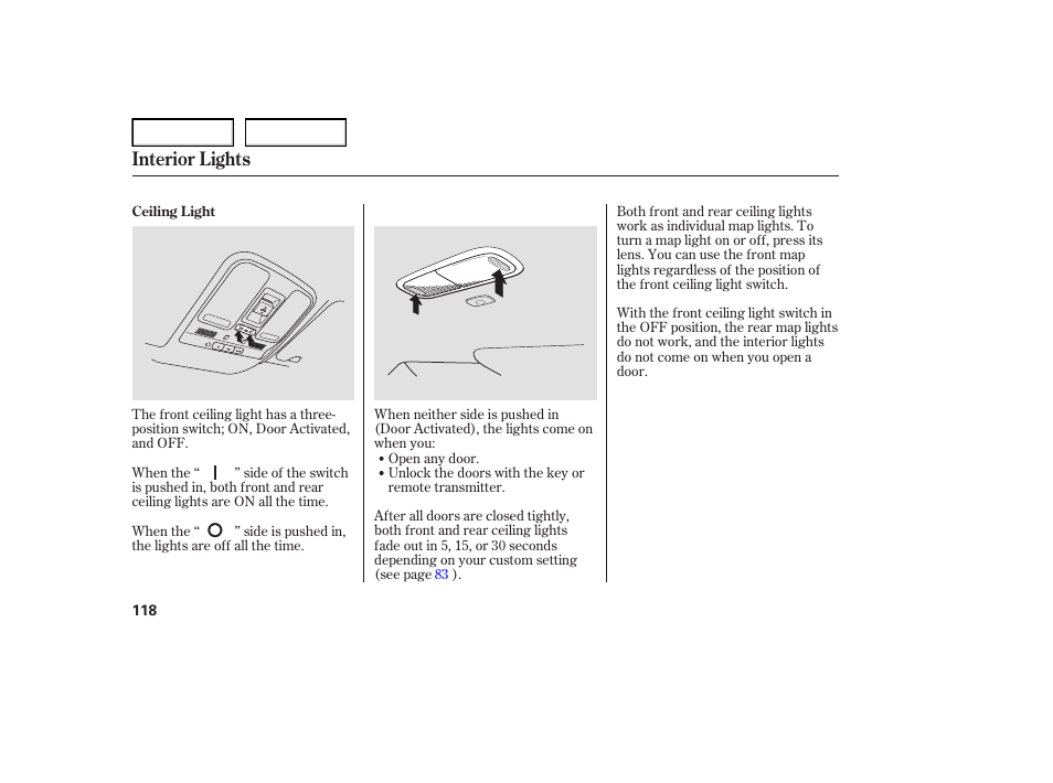 Interior lights | Acura 2007 TL - Owner's Manual User Manual | Page 121 / 369