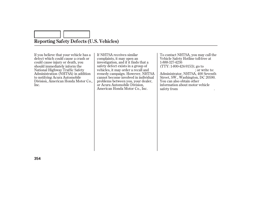 Reporting safety defects (u.s. vehicles) | Acura 2007 TL - Owner's Manual User Manual | Page 357 / 369