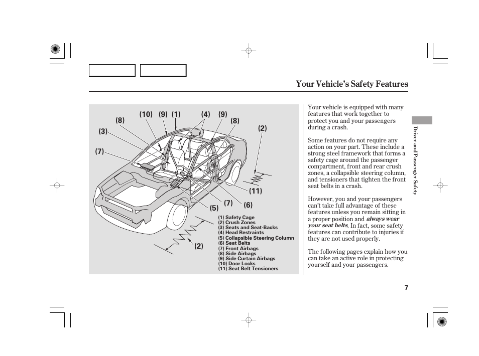 Your vehicle’s safety features | Acura 2007 TSX - Owner's Manual User Manual | Page 10 / 379