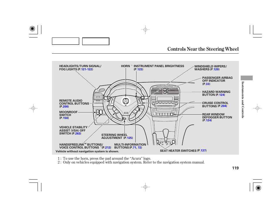 Controls near the steering wheel | Acura 2007 TSX - Owner's Manual User Manual | Page 122 / 379