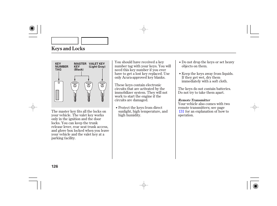 Keys and locks | Acura 2007 TSX - Owner's Manual User Manual | Page 129 / 379