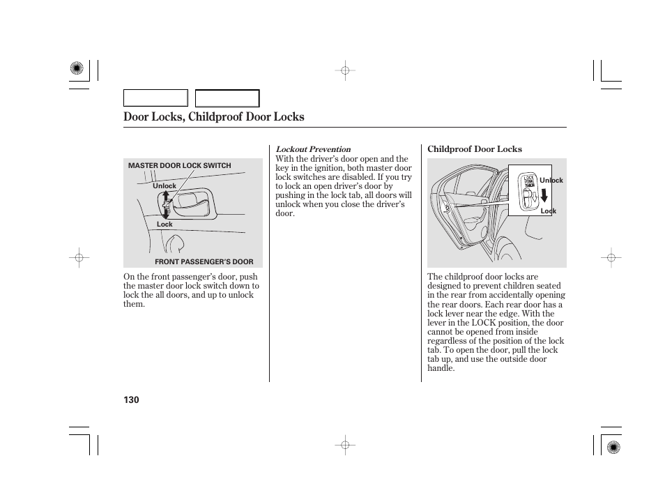 Door locks, childproof door locks | Acura 2007 TSX - Owner's Manual User Manual | Page 133 / 379