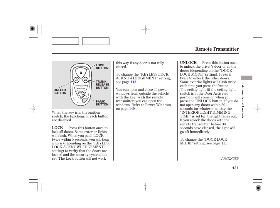 Remote transmitter | Acura 2007 TSX - Owner's Manual User Manual | Page 134 / 379