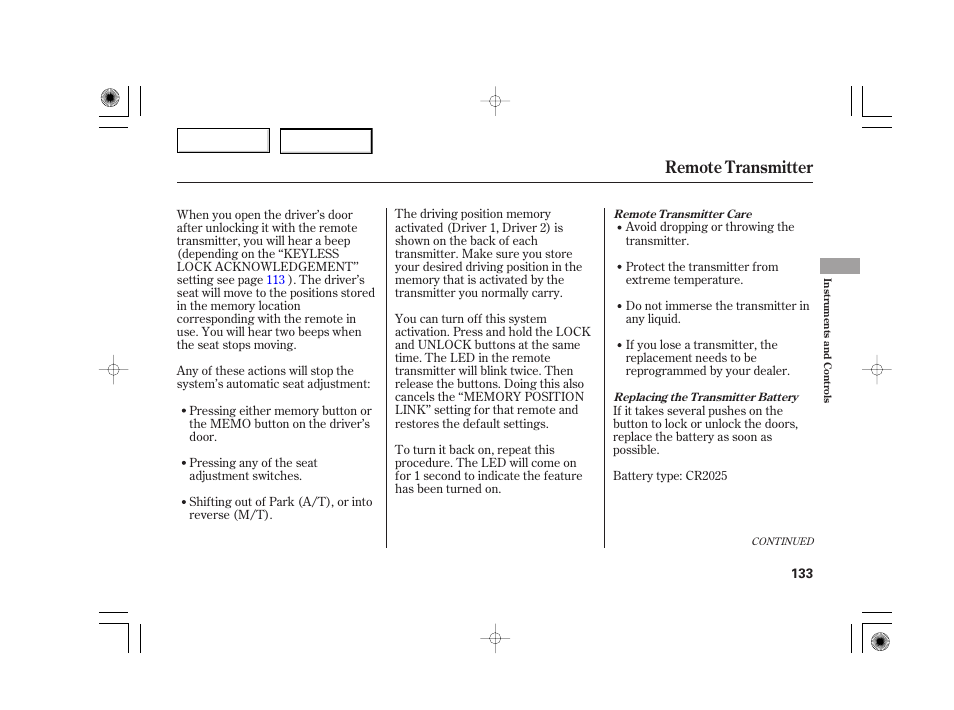 Remote transmitter | Acura 2007 TSX - Owner's Manual User Manual | Page 136 / 379