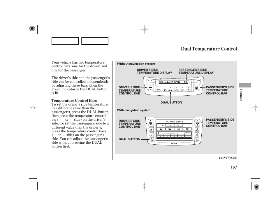 Dual temperature control | Acura 2007 TSX - Owner's Manual User Manual | Page 170 / 379