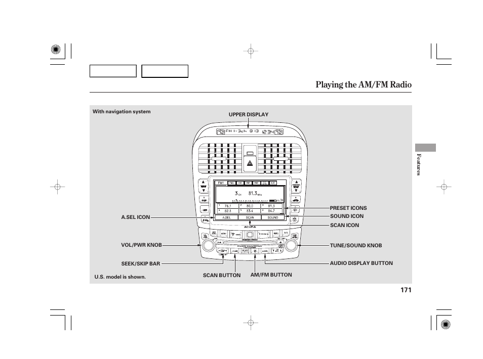 Playing the am/fm radio | Acura 2007 TSX - Owner's Manual User Manual | Page 174 / 379