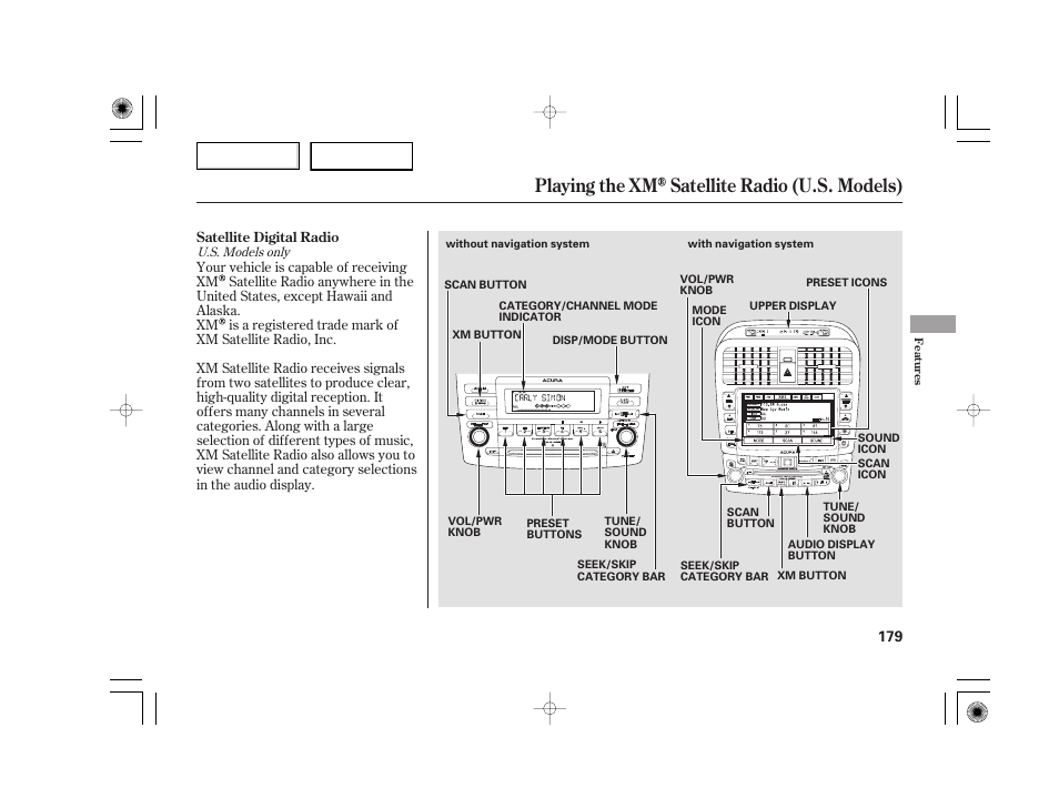 Playing the xm satellite radio (u.s. models) | Acura 2007 TSX - Owner's Manual User Manual | Page 182 / 379