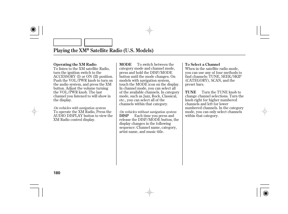 Playing the xm satellite radio (u.s. models) | Acura 2007 TSX - Owner's Manual User Manual | Page 183 / 379