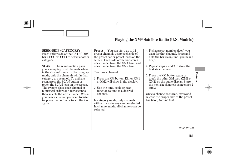 Playing the xm satellite radio (u.s. models) | Acura 2007 TSX - Owner's Manual User Manual | Page 184 / 379