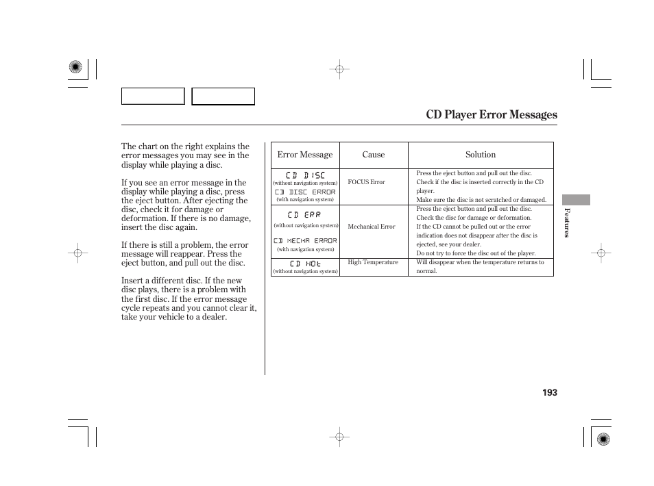 Cd player error messages | Acura 2007 TSX - Owner's Manual User Manual | Page 196 / 379