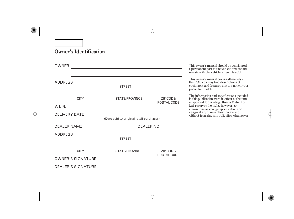 Owner's identification form, Owner’s identification | Acura 2007 TSX - Owner's Manual User Manual | Page 2 / 379
