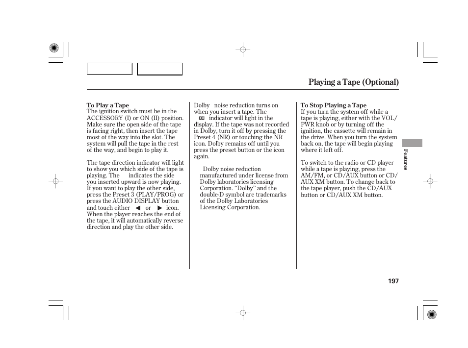 Playing a tape (optional) | Acura 2007 TSX - Owner's Manual User Manual | Page 200 / 379