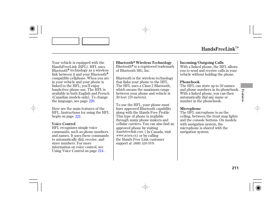 Handsfreelink | Acura 2007 TSX - Owner's Manual User Manual | Page 214 / 379