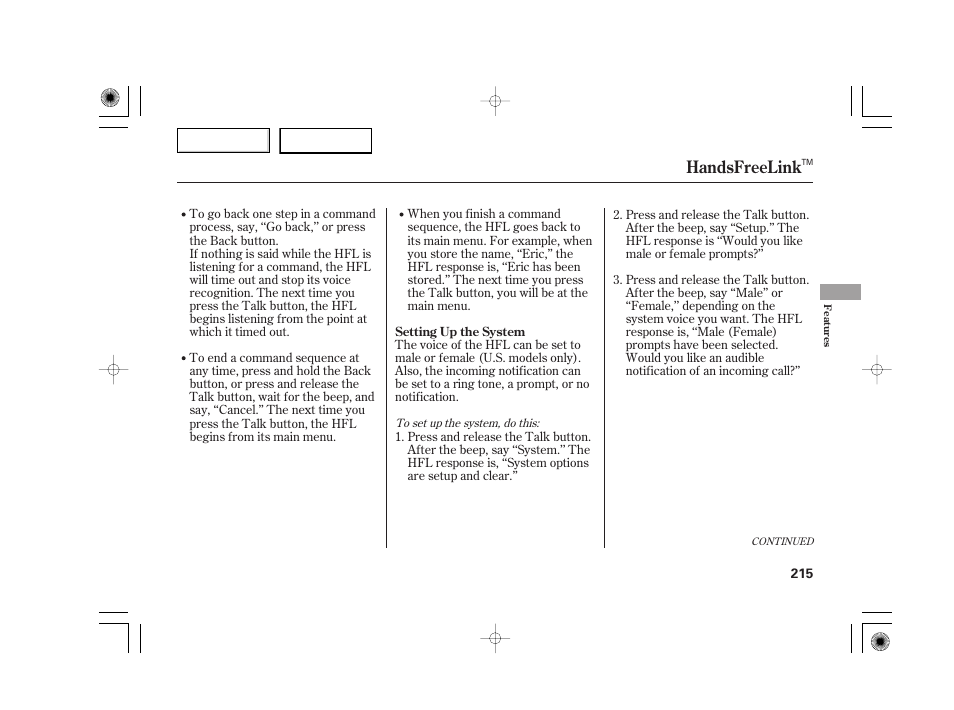 Handsfreelink | Acura 2007 TSX - Owner's Manual User Manual | Page 218 / 379