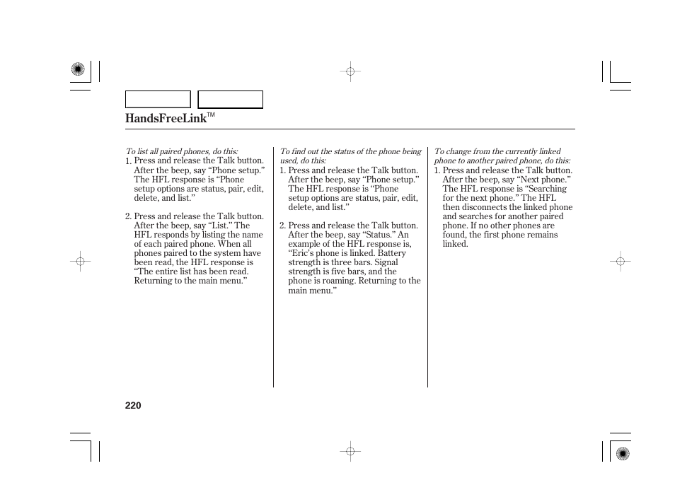 Handsfreelink | Acura 2007 TSX - Owner's Manual User Manual | Page 223 / 379