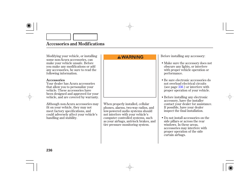 Accessories and modifications | Acura 2007 TSX - Owner's Manual User Manual | Page 239 / 379