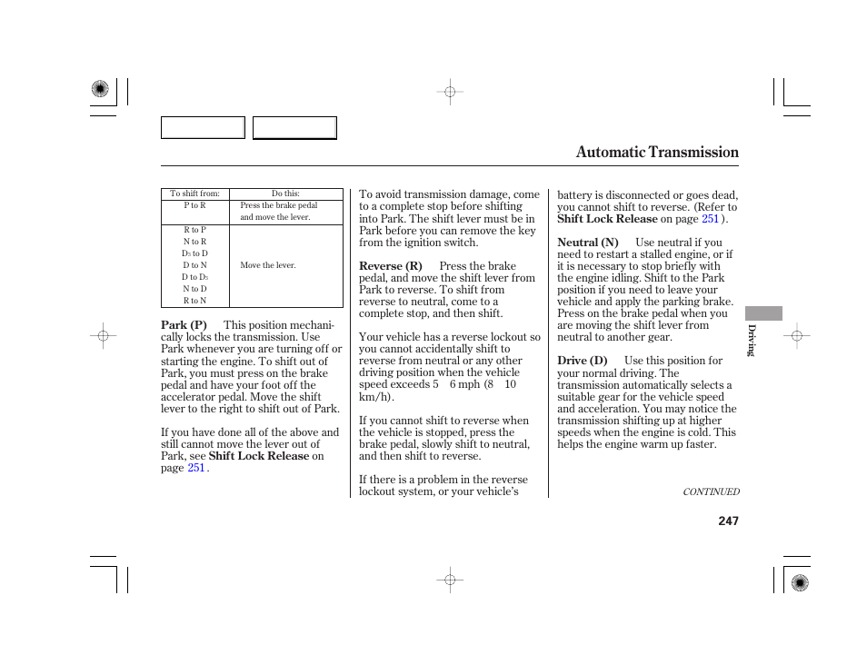 Automatic transmission | Acura 2007 TSX - Owner's Manual User Manual | Page 250 / 379