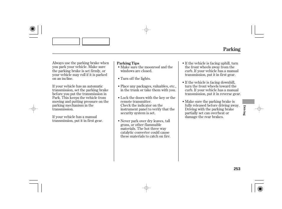 Parking | Acura 2007 TSX - Owner's Manual User Manual | Page 256 / 379