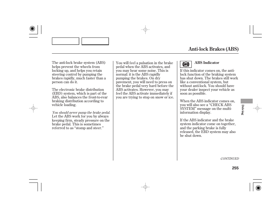 Anti-lock brakes (abs) | Acura 2007 TSX - Owner's Manual User Manual | Page 258 / 379