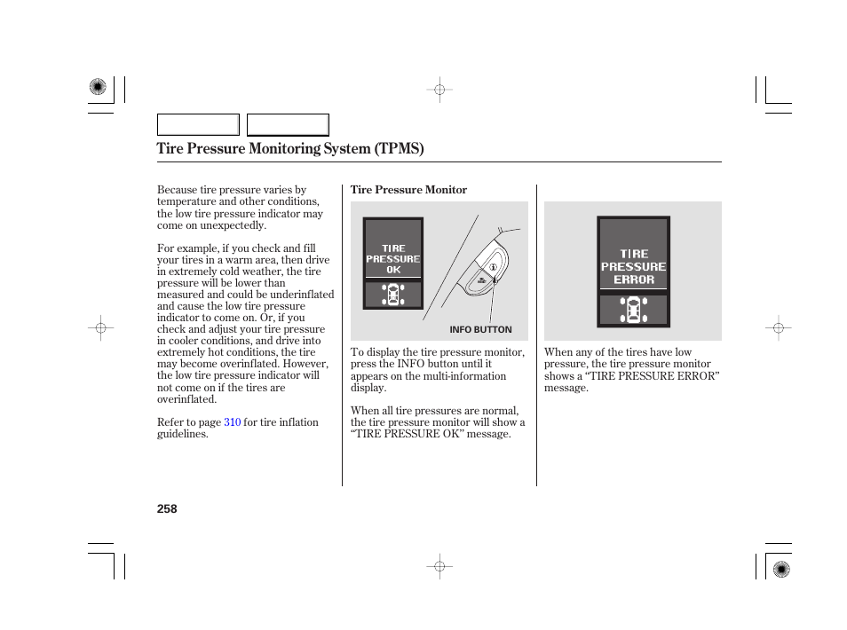 Tire pressure monitoring system (tpms) | Acura 2007 TSX - Owner's Manual User Manual | Page 261 / 379