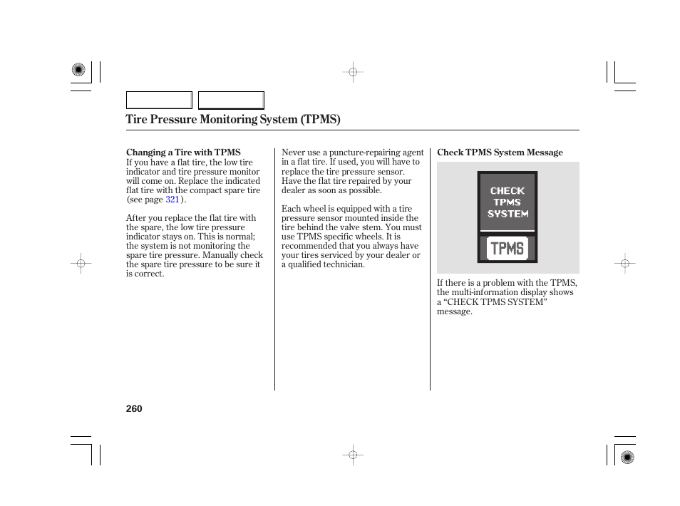 Tire pressure monitoring system (tpms) | Acura 2007 TSX - Owner's Manual User Manual | Page 263 / 379