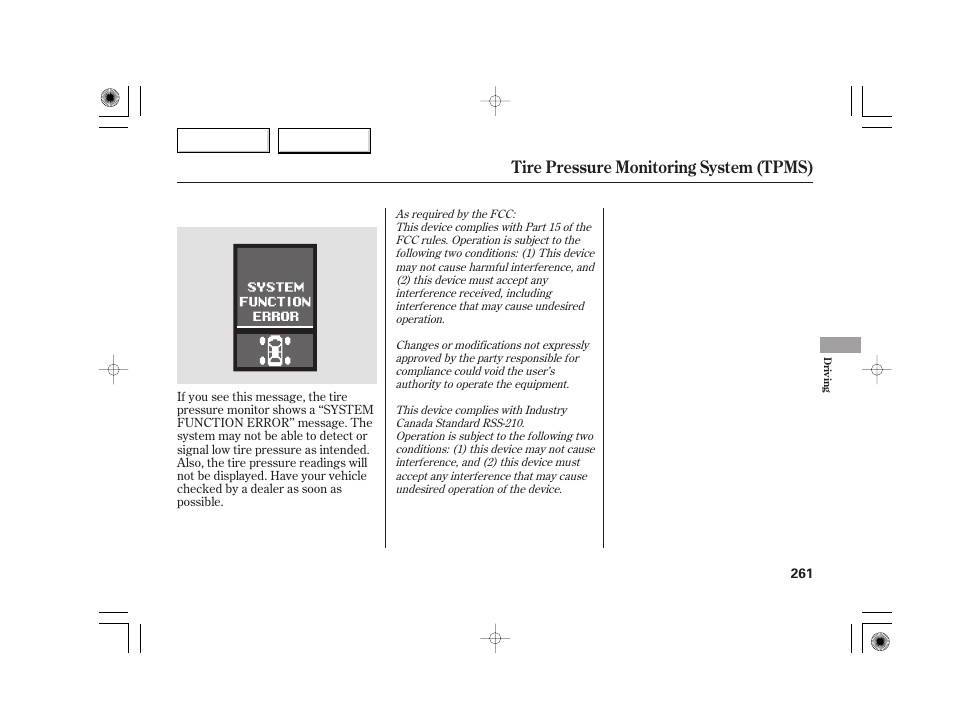 Tire pressure monitoring system (tpms) | Acura 2007 TSX - Owner's Manual User Manual | Page 264 / 379