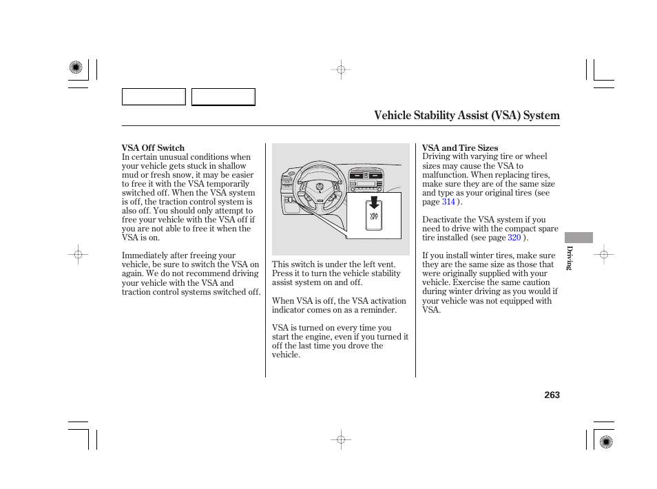 Vehicle stability assist (vsa) system | Acura 2007 TSX - Owner's Manual User Manual | Page 266 / 379