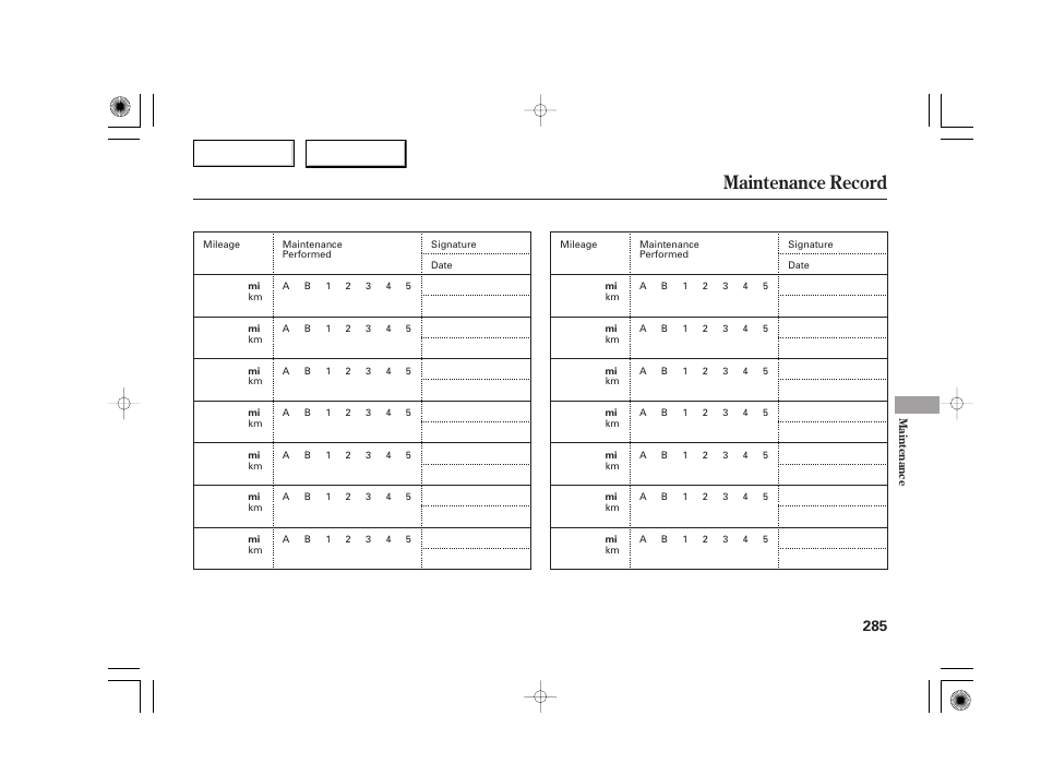 Maintenance record | Acura 2007 TSX - Owner's Manual User Manual | Page 288 / 379