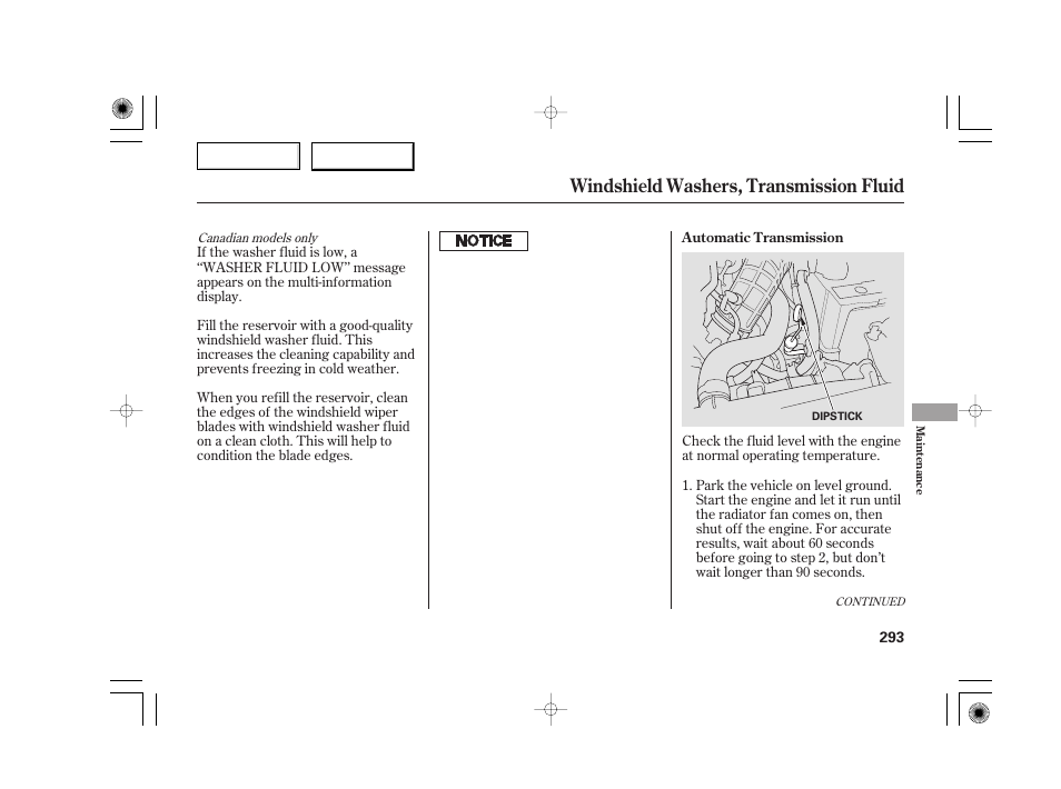 Windshield washers, transmission fluid | Acura 2007 TSX - Owner's Manual User Manual | Page 296 / 379