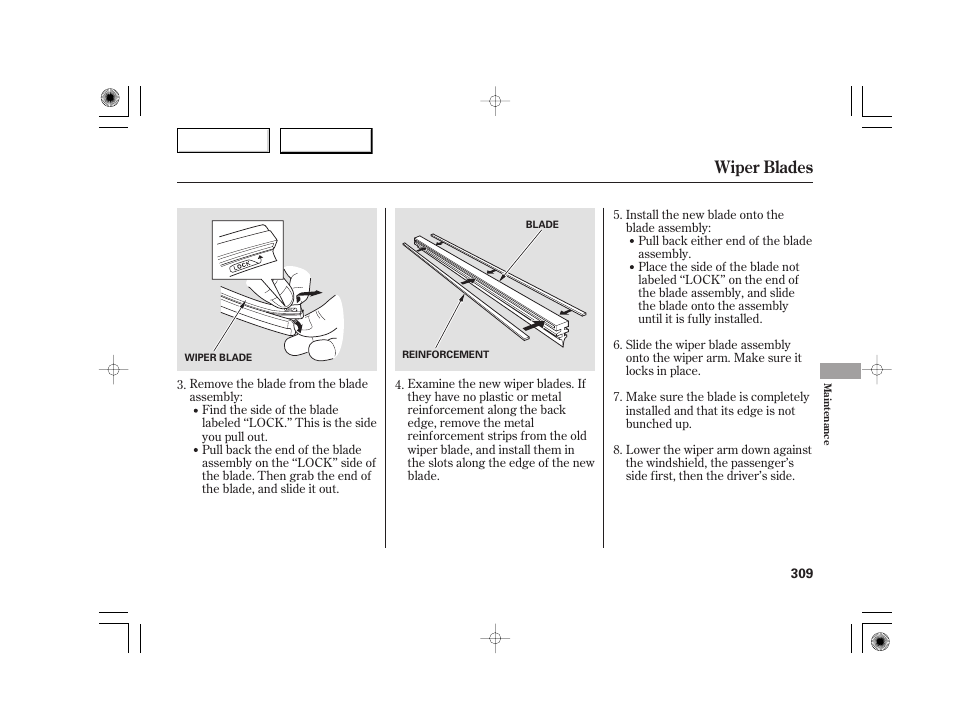 Wiper blades | Acura 2007 TSX - Owner's Manual User Manual | Page 312 / 379