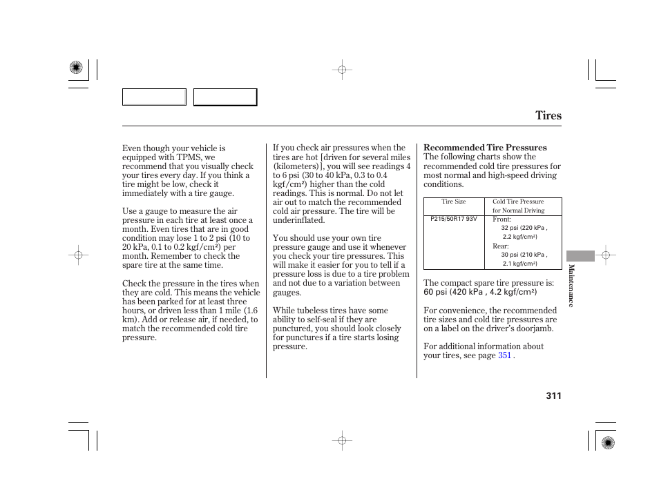 Tires | Acura 2007 TSX - Owner's Manual User Manual | Page 314 / 379