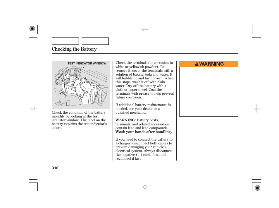 Checking the battery | Acura 2007 TSX - Owner's Manual User Manual | Page 319 / 379