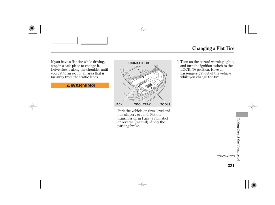 Changing a flat tire | Acura 2007 TSX - Owner's Manual User Manual | Page 324 / 379