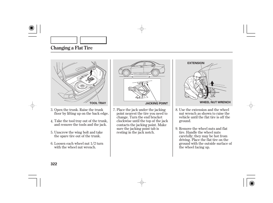 Changing a flat tire | Acura 2007 TSX - Owner's Manual User Manual | Page 325 / 379