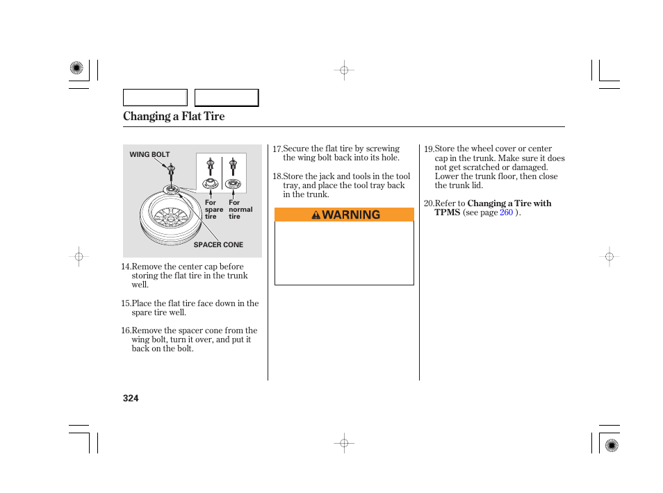 Changing a flat tire | Acura 2007 TSX - Owner's Manual User Manual | Page 327 / 379