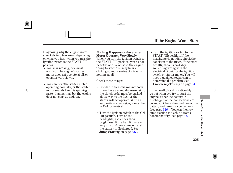 If the engine won’t start | Acura 2007 TSX - Owner's Manual User Manual | Page 328 / 379