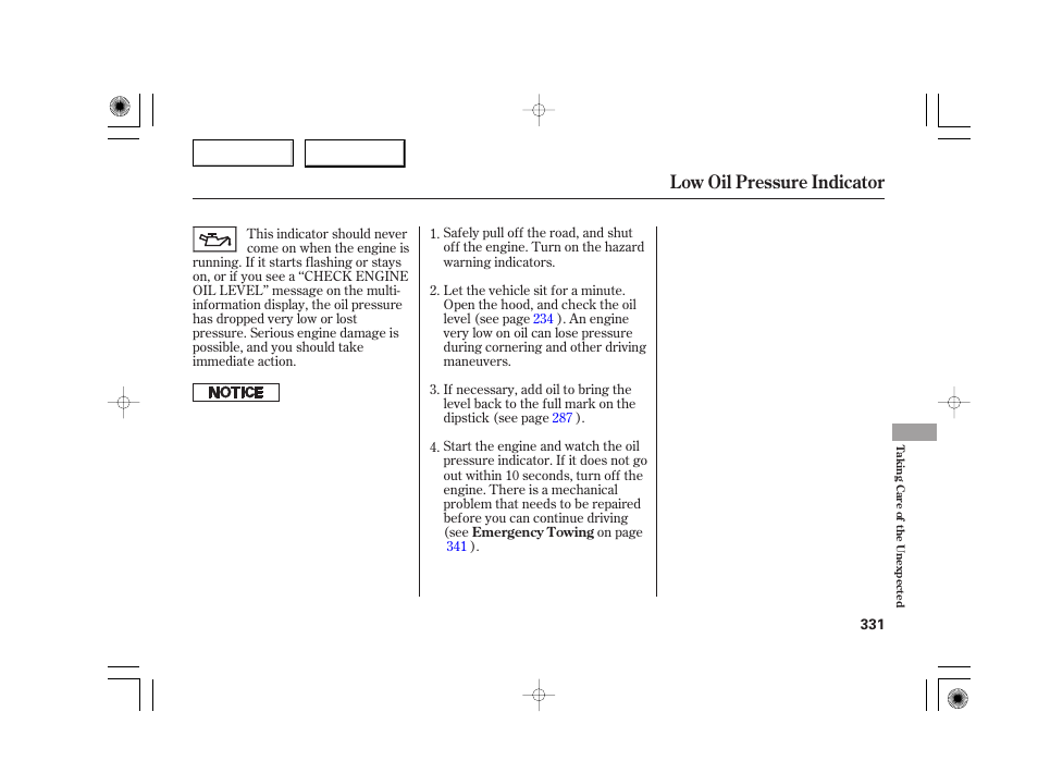 Low oil pressure indicator | Acura 2007 TSX - Owner's Manual User Manual | Page 334 / 379