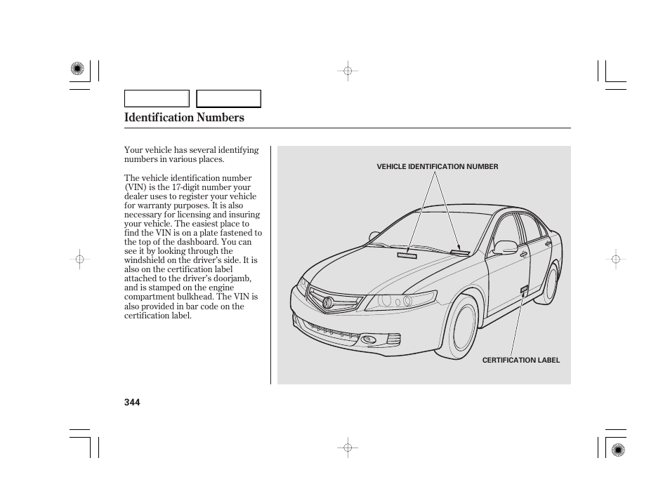 Identification numbers | Acura 2007 TSX - Owner's Manual User Manual | Page 347 / 379