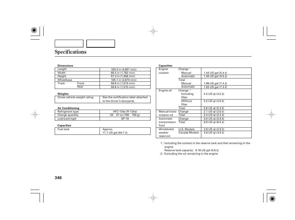 Specifications | Acura 2007 TSX - Owner's Manual User Manual | Page 349 / 379