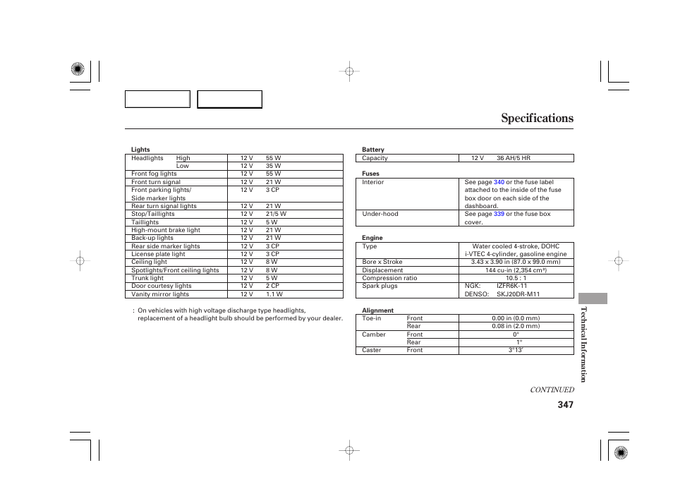 Specifications | Acura 2007 TSX - Owner's Manual User Manual | Page 350 / 379