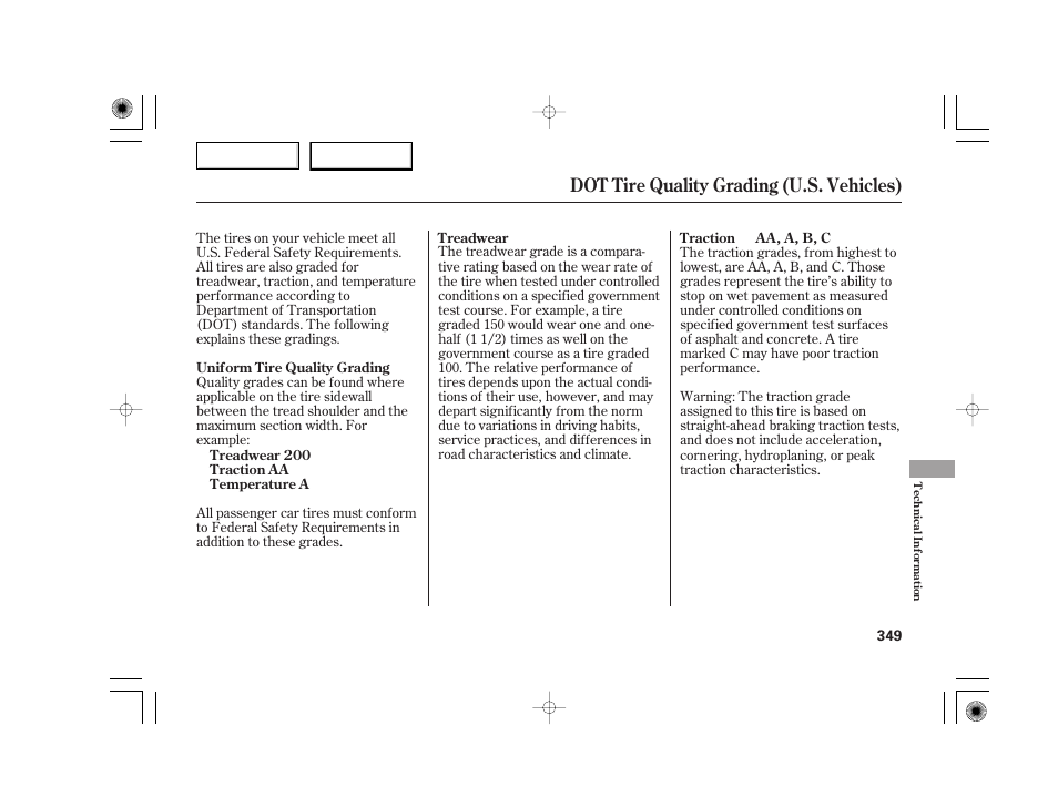 Dot tire quality grading (u.s. vehicles) | Acura 2007 TSX - Owner's Manual User Manual | Page 352 / 379