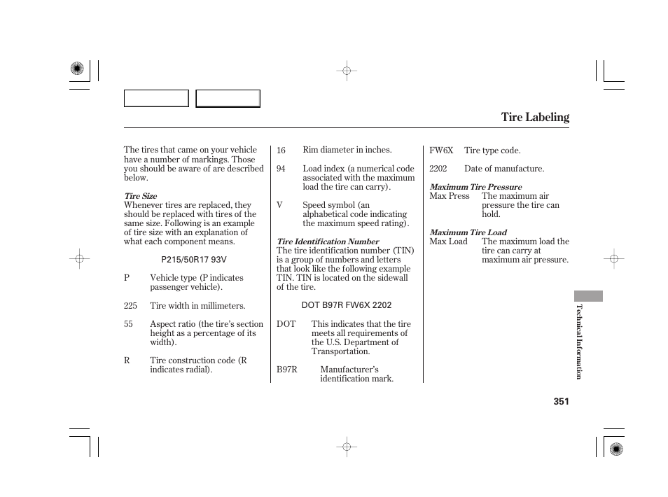 Tire labeling | Acura 2007 TSX - Owner's Manual User Manual | Page 354 / 379